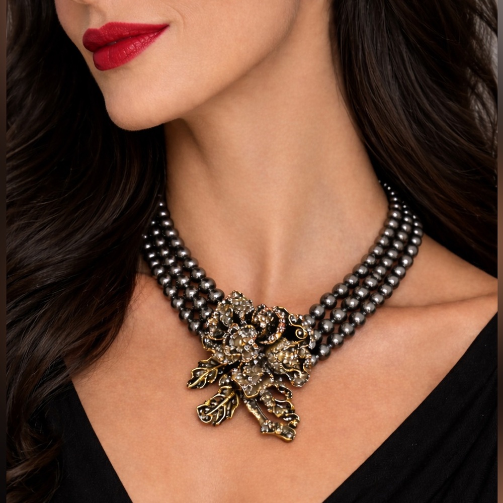 Heidi Daus Necklace & Pierced Earring Set Gold Rose and Charcoal Beads